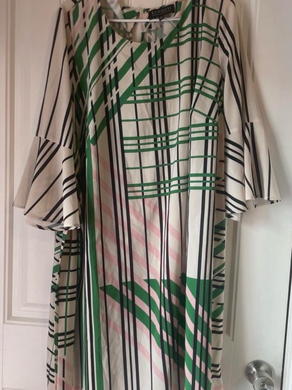 Eloquii Cream Midi Dress with Green and Pink Stripe Print